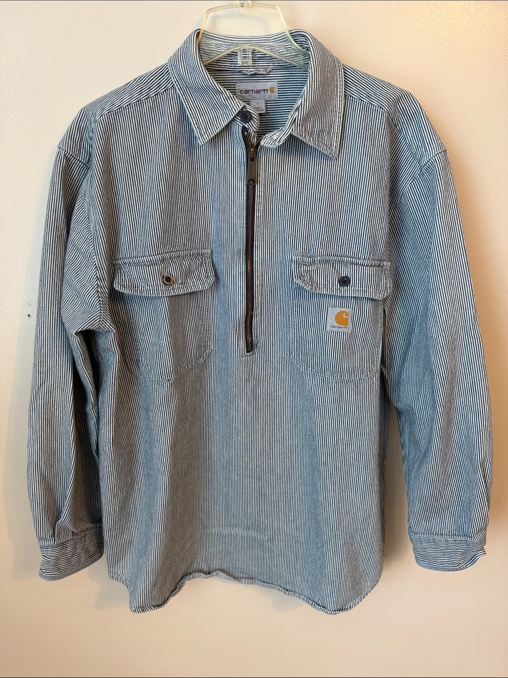 Carhartt 2013 Hickory Pinstripe Half Zip Work Shirt Cotton Railroad Pullover